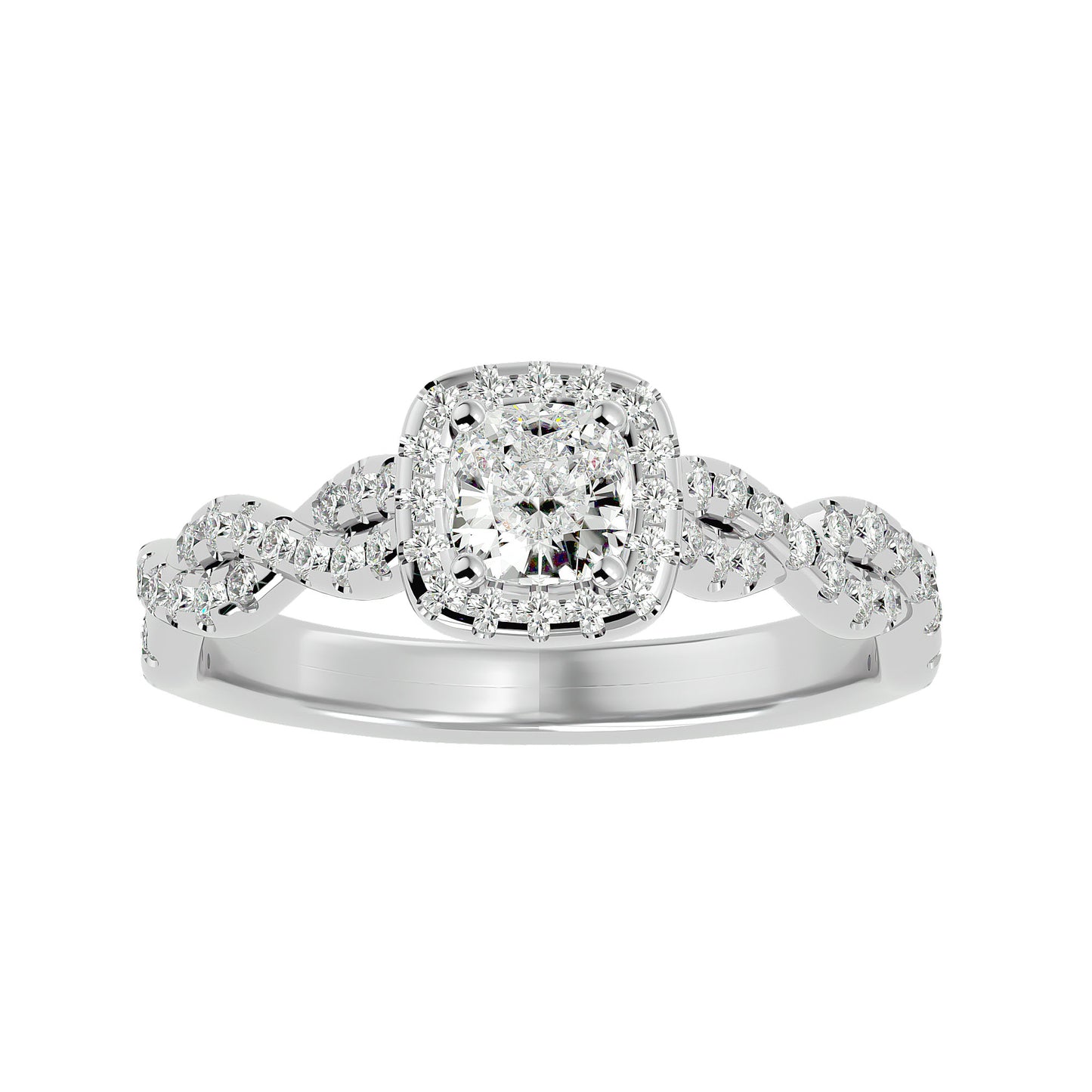 Halo criss cross shank diamond engagement ring