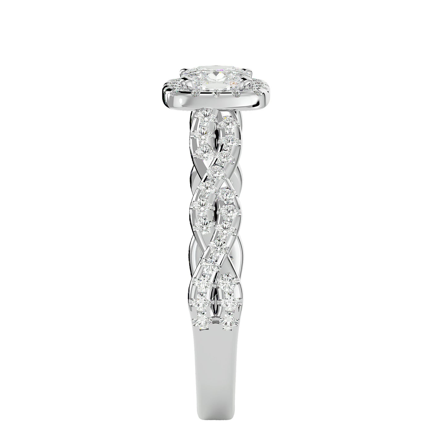 Halo criss cross shank diamond engagement ring