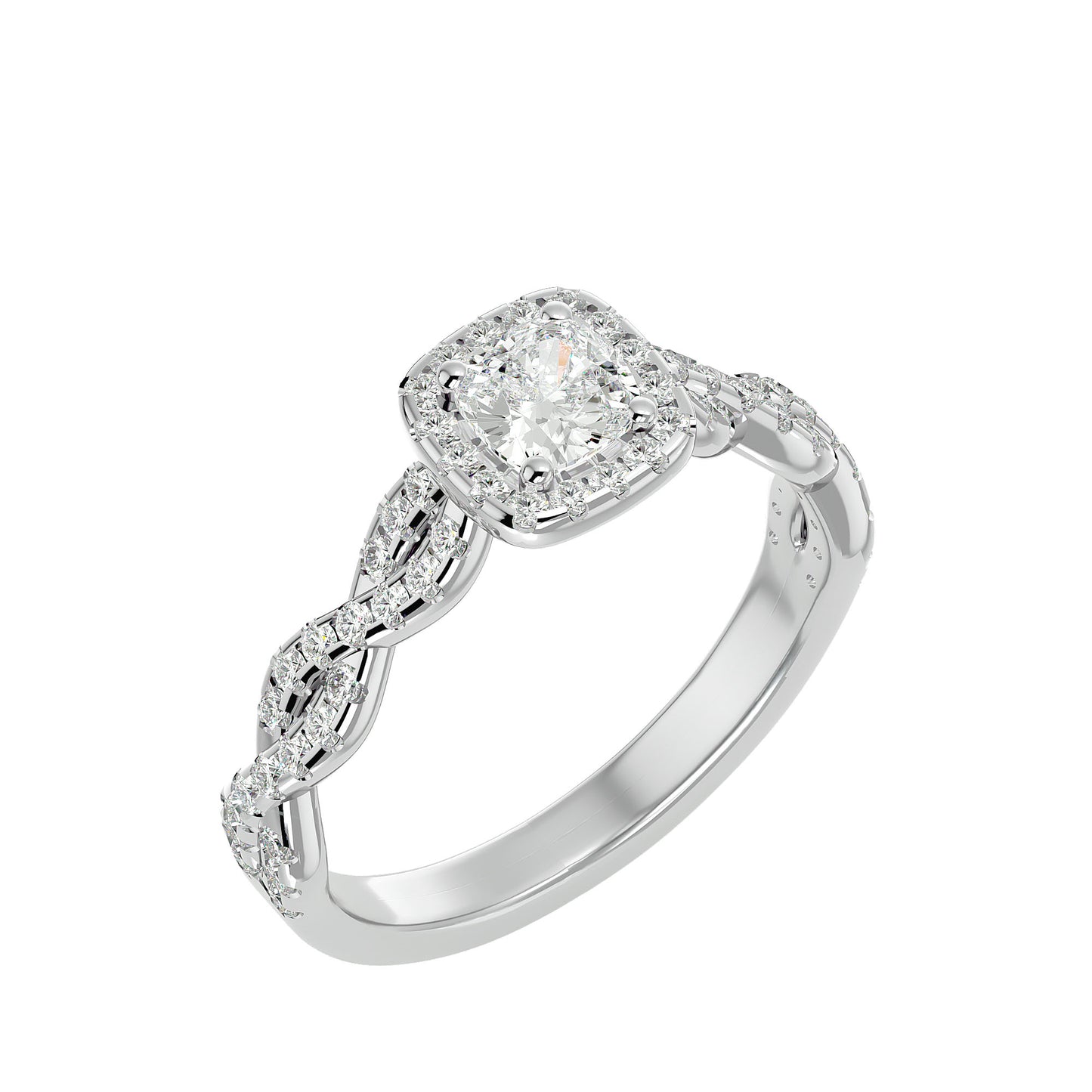 Halo criss cross shank diamond engagement ring