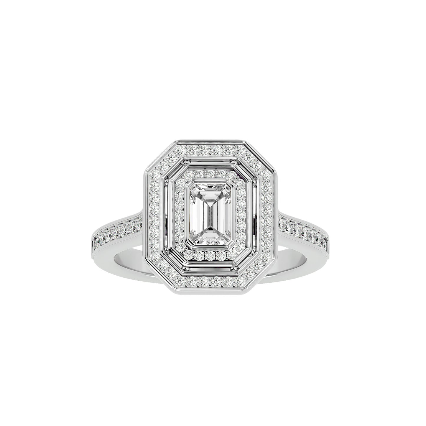 Emerald double halo diamond engagement ring