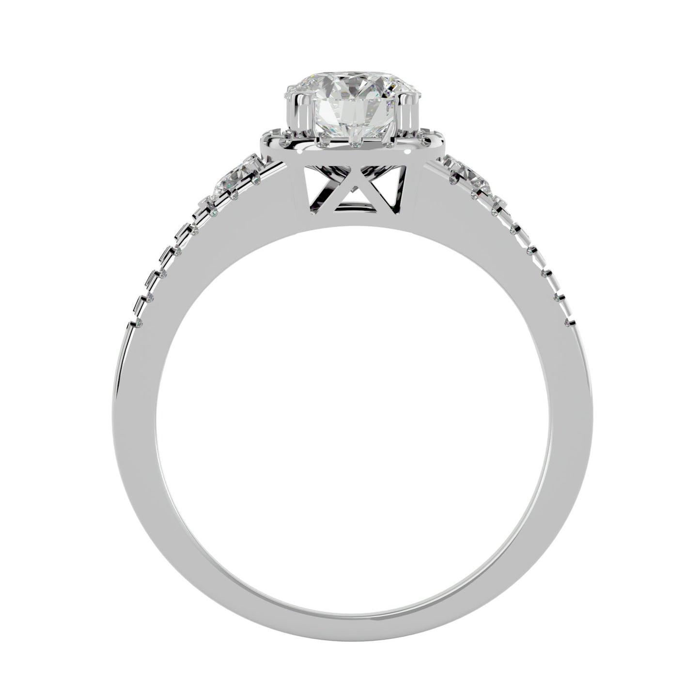 Gomez three stone halo diamond engagement ring