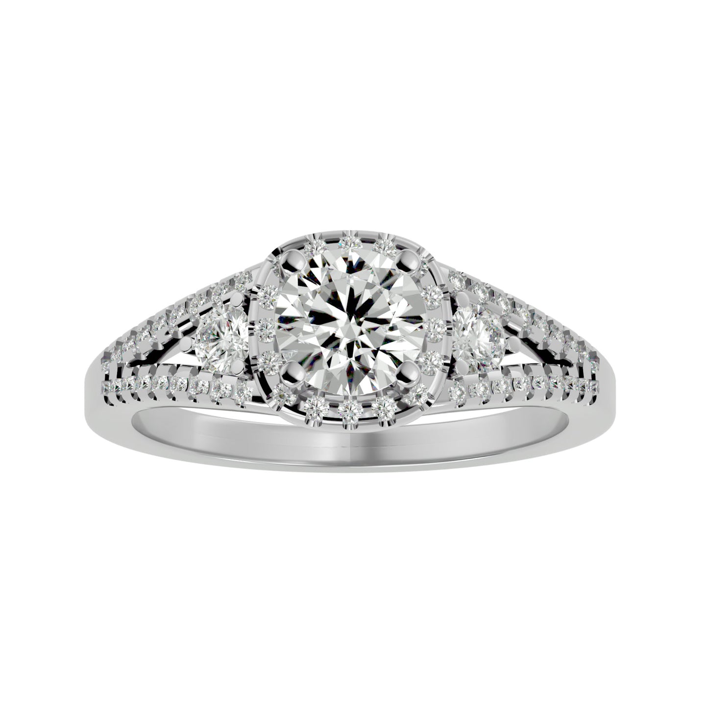 Gomez three stone halo diamond engagement ring