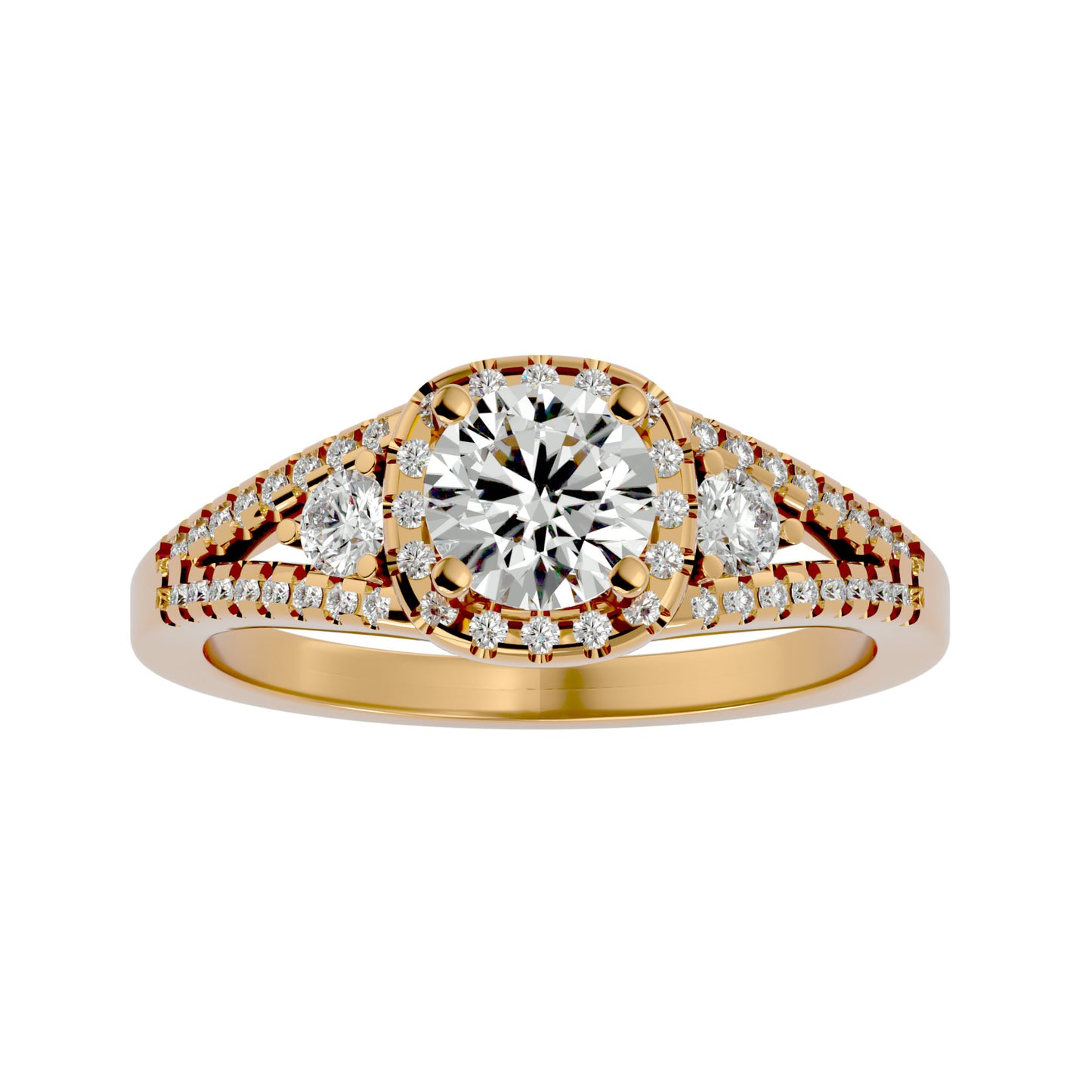 Gomez three stone halo diamond engagement ring