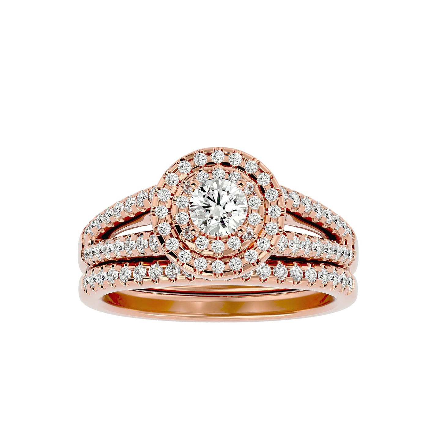Double halo engagement ring & matching band