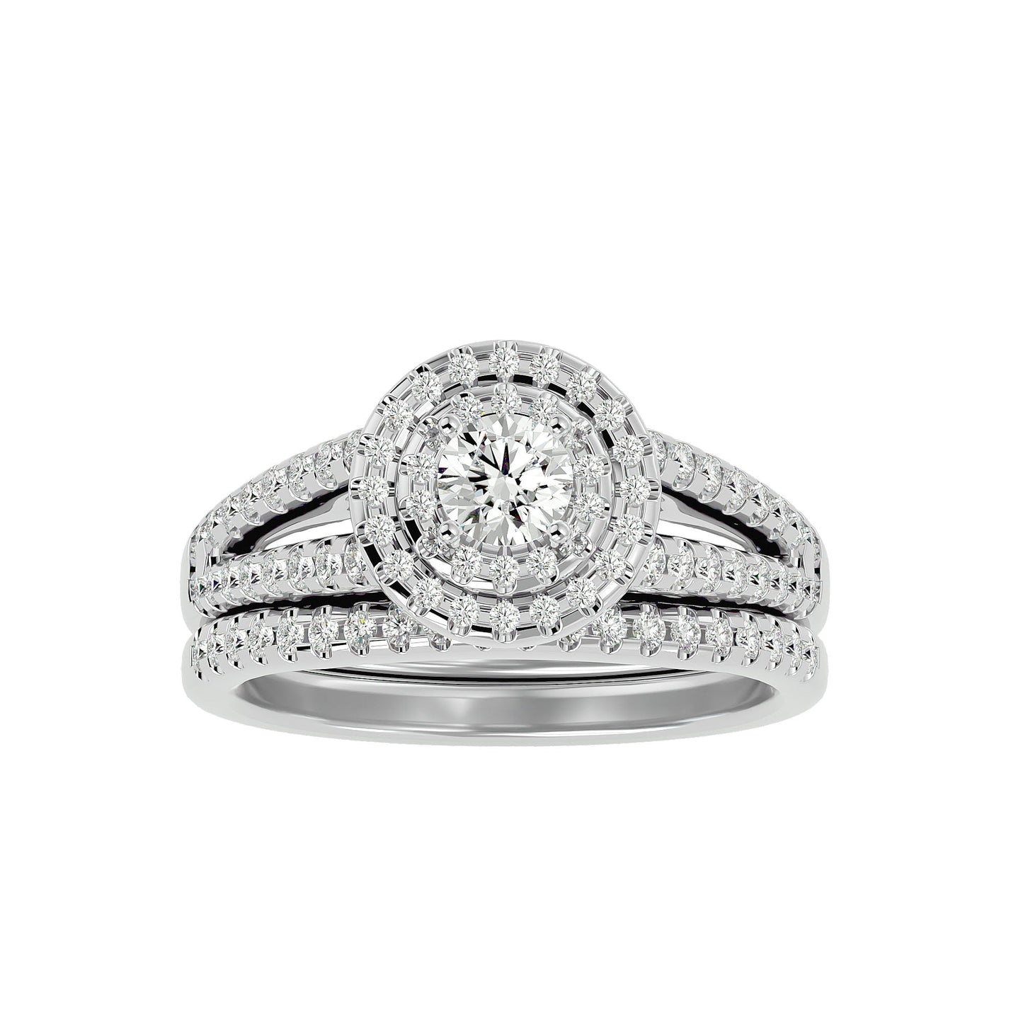 Double halo engagement ring & matching band