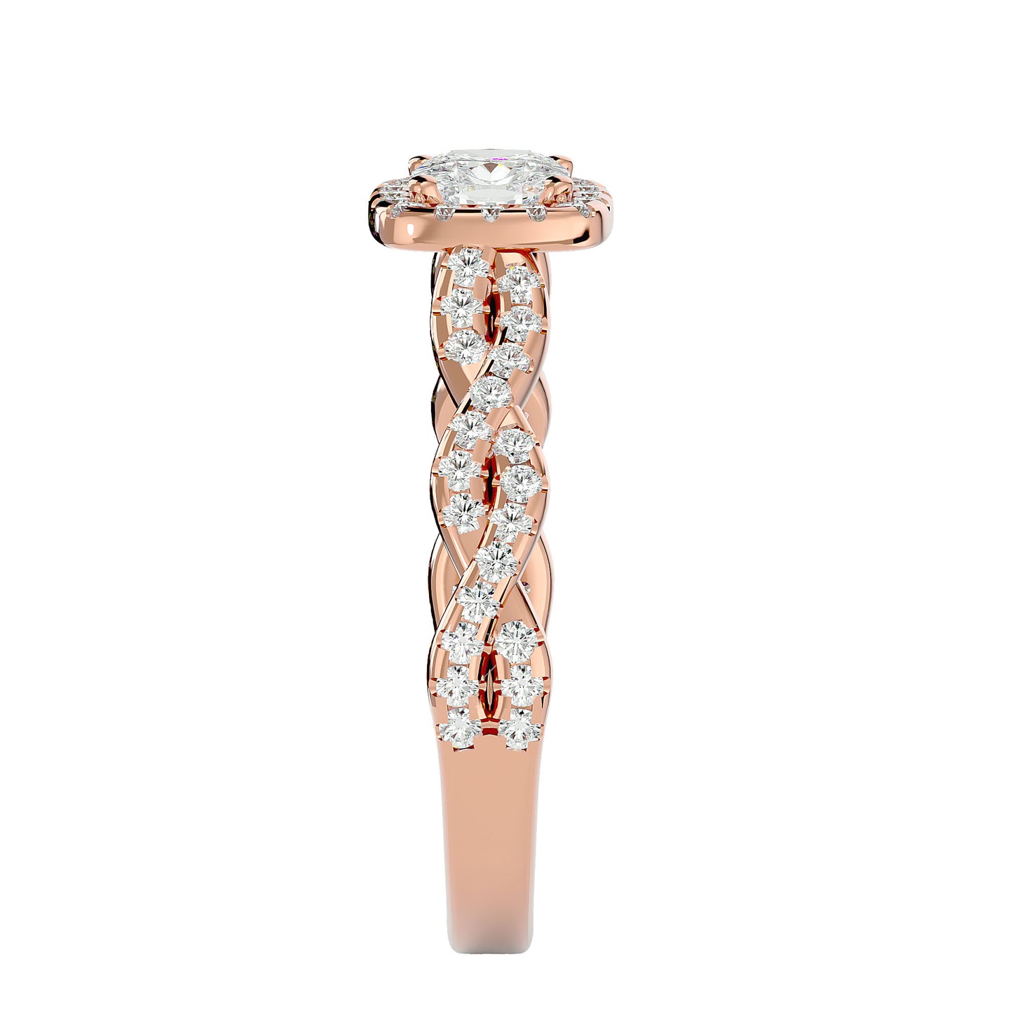 Halo criss cross shank diamond engagement ring