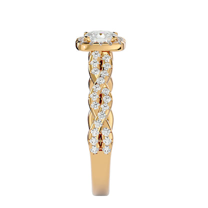 Halo criss cross shank diamond engagement ring