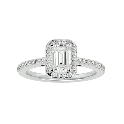 Pea emerald halo diamond engagement ring