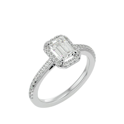 Pea emerald halo diamond engagement ring