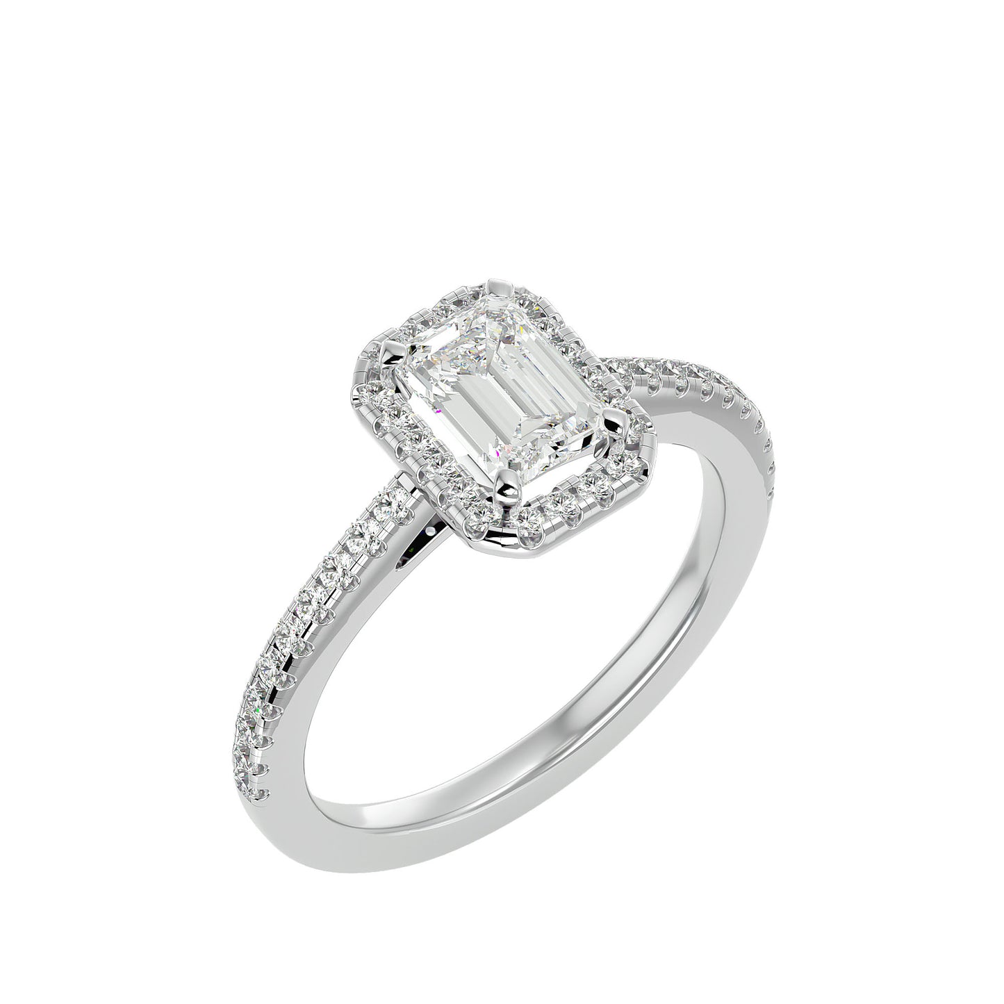 Pea emerald halo diamond engagement ring